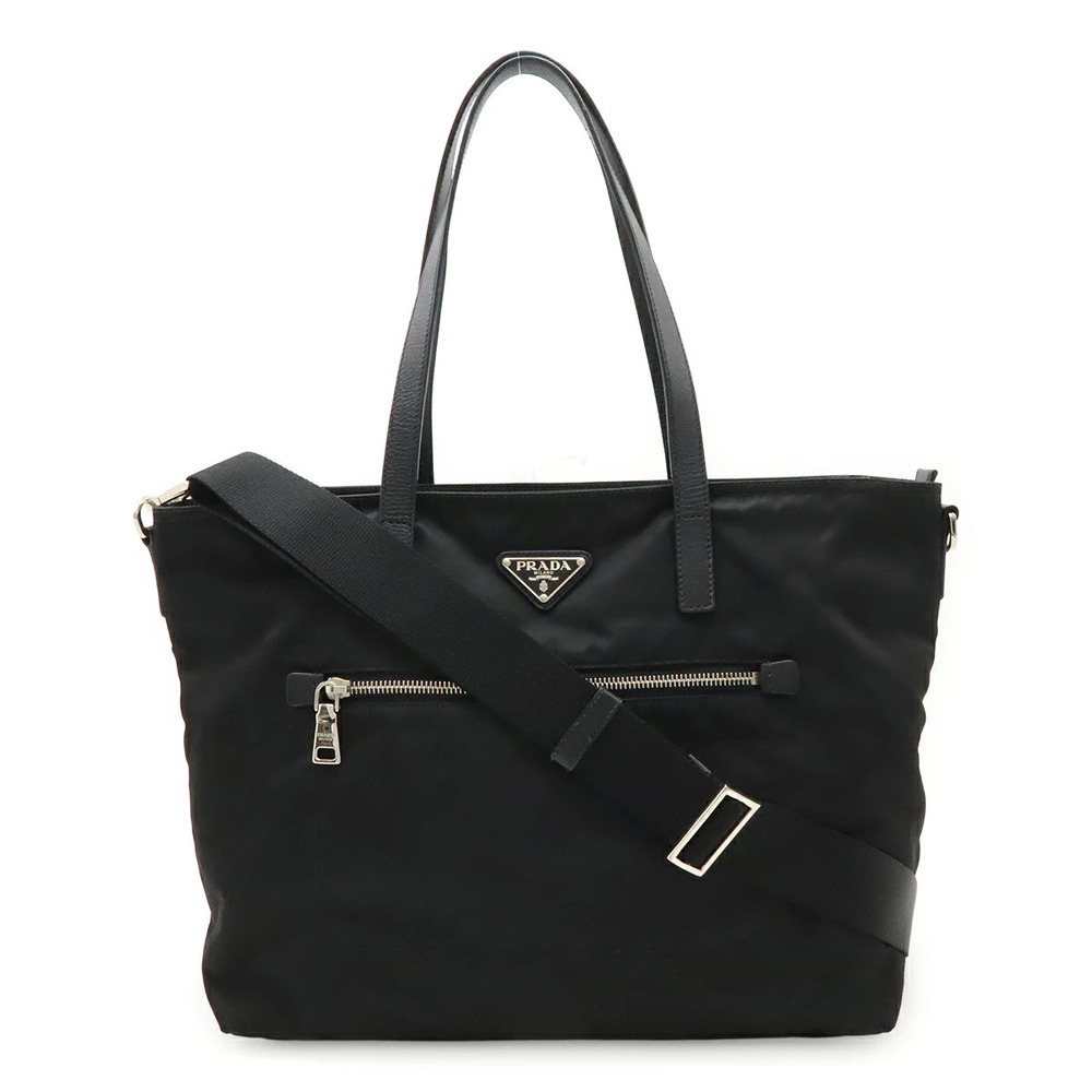 Prada Triangle Tote Tessuto Saffiano Bag Crossbody Leather NERO Black